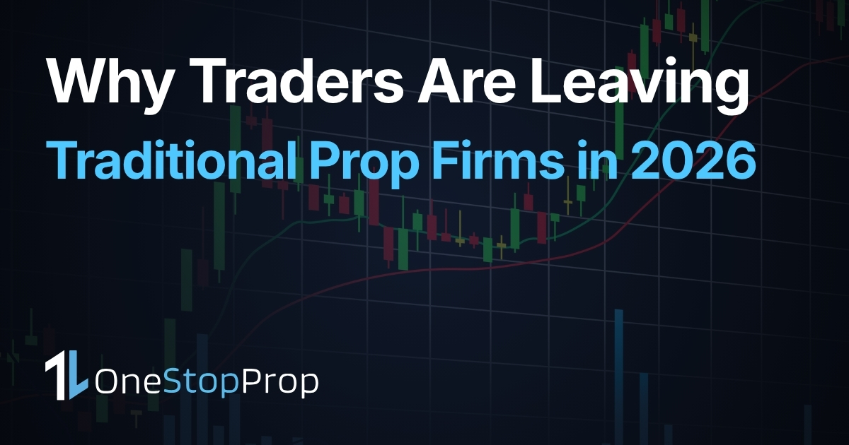Why Traders Are Leaving Traditional Prop Firms in 2026 article cover with onestopprop branding and trading candlesticks background