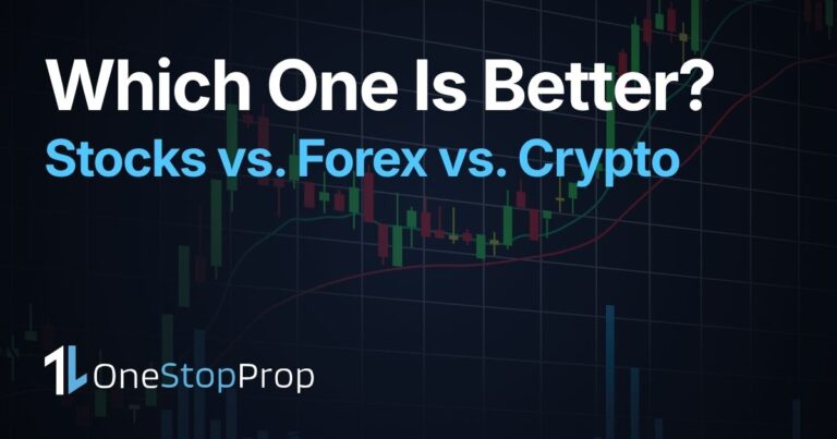 stock trading vs forex vs crypto which one is better for beginners with trading chart and OneStopProp branding