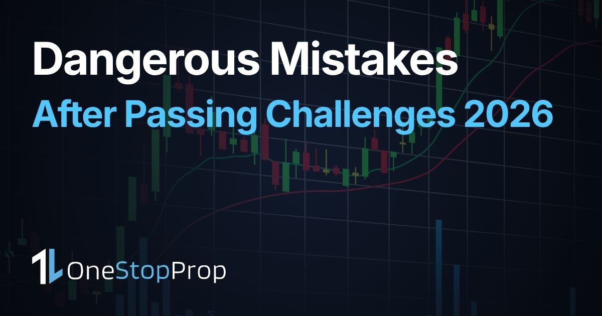 dangerous mistakes that blow funded accounts after passing prop firm challenges in 2026 with stock trading charts and OneStopProp branding