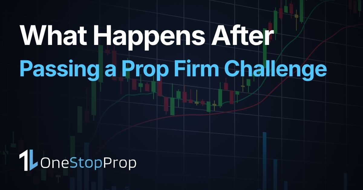 hidden truth about what happens after passing a stock trading prop firm challenge in 2026 with trading charts and OneStopProp branding
