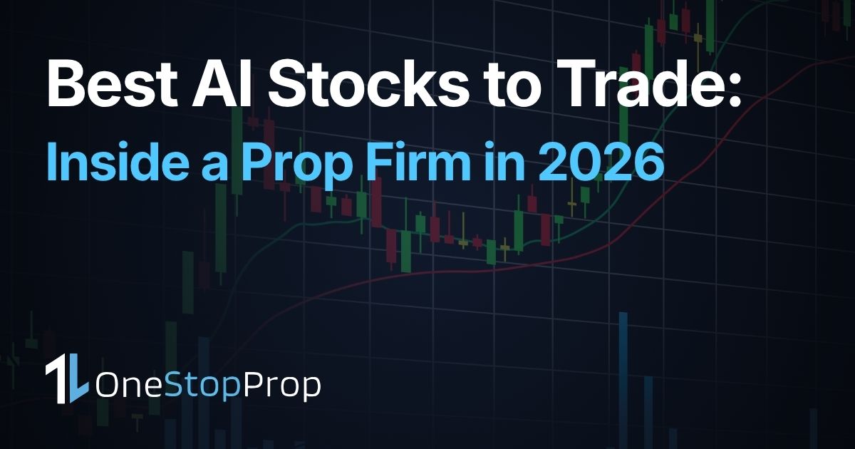 Best AI stocks to trade in a prop firm in 2026, OneStopProp blog cover with candlestick chart background