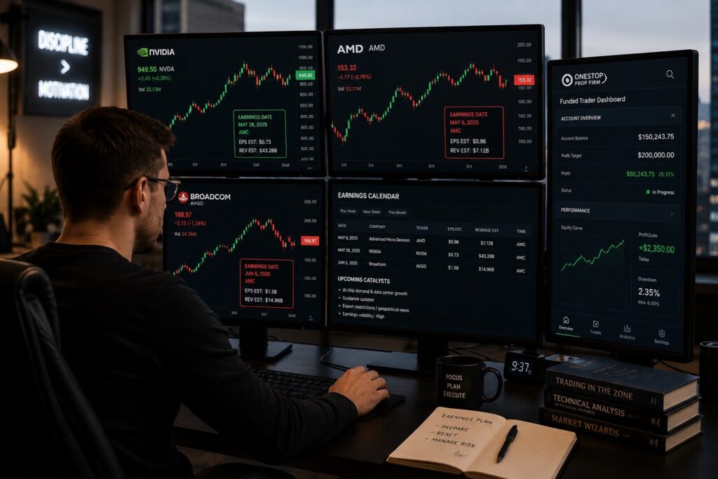OneStopProp Standard vs Pro Account: Which One Is Right for You? 3 stock trader planning earnings trades with OneStopProp Pro account using NVDA AMD and AVGO