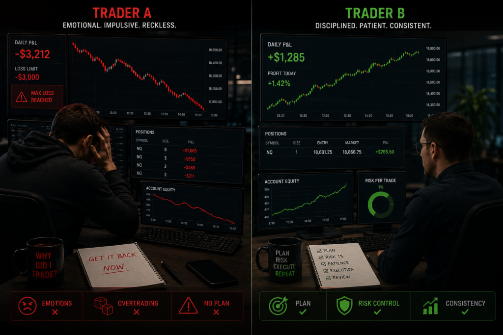 max daily loss rule comparison between revenge trading and disciplined risk management in a prop firm