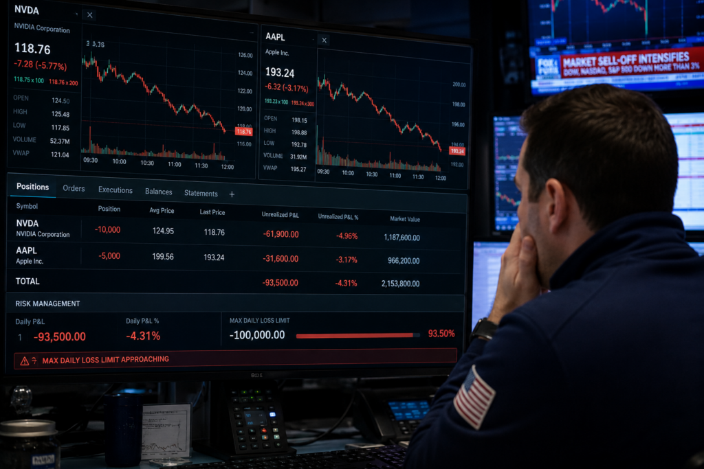 stock trader approaching max daily loss limit while trading NVDA and AAPL inside a prop firm account