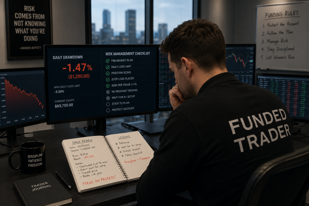 funded trader managing drawdown and protecting account after losing trading session