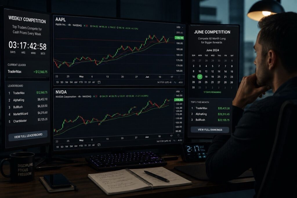 stock trader comparing NVDA and AAPL setups in weekly and monthly prop firm competitions