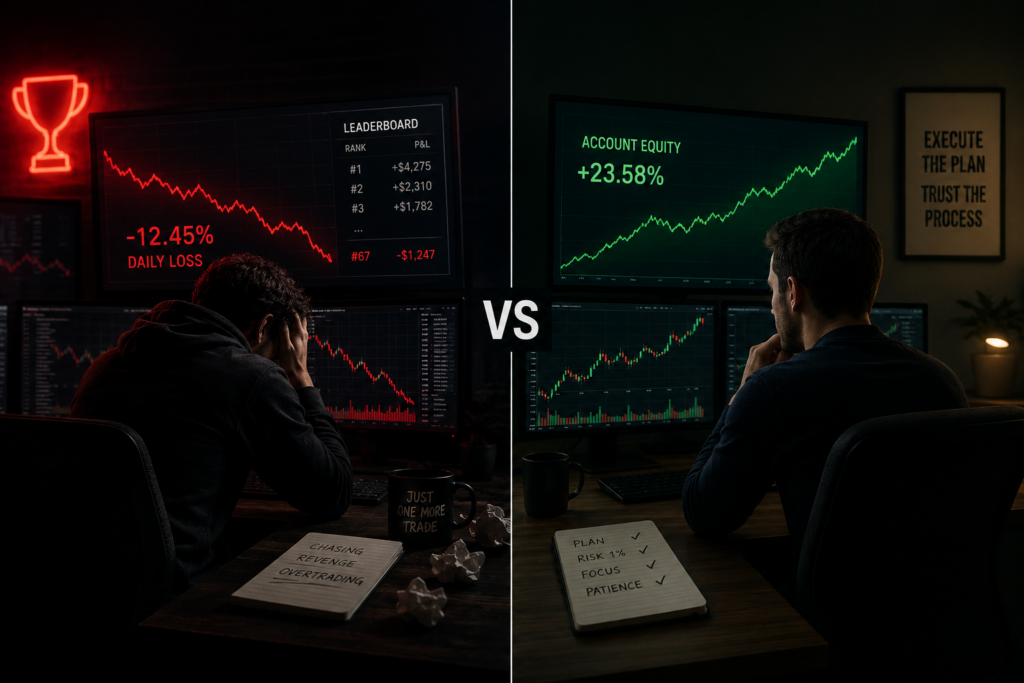 disciplined stock trader versus overtrading competitor in a prop firm competition