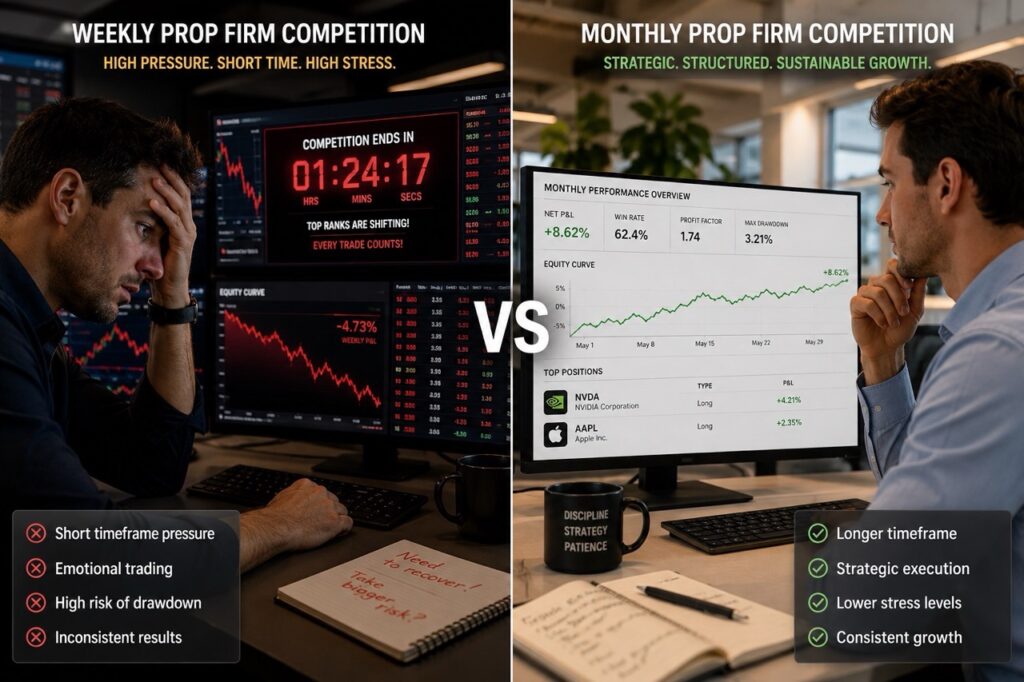 monthly vs weekly prop firm competition comparison for stock traders trading NVDA and AAPL