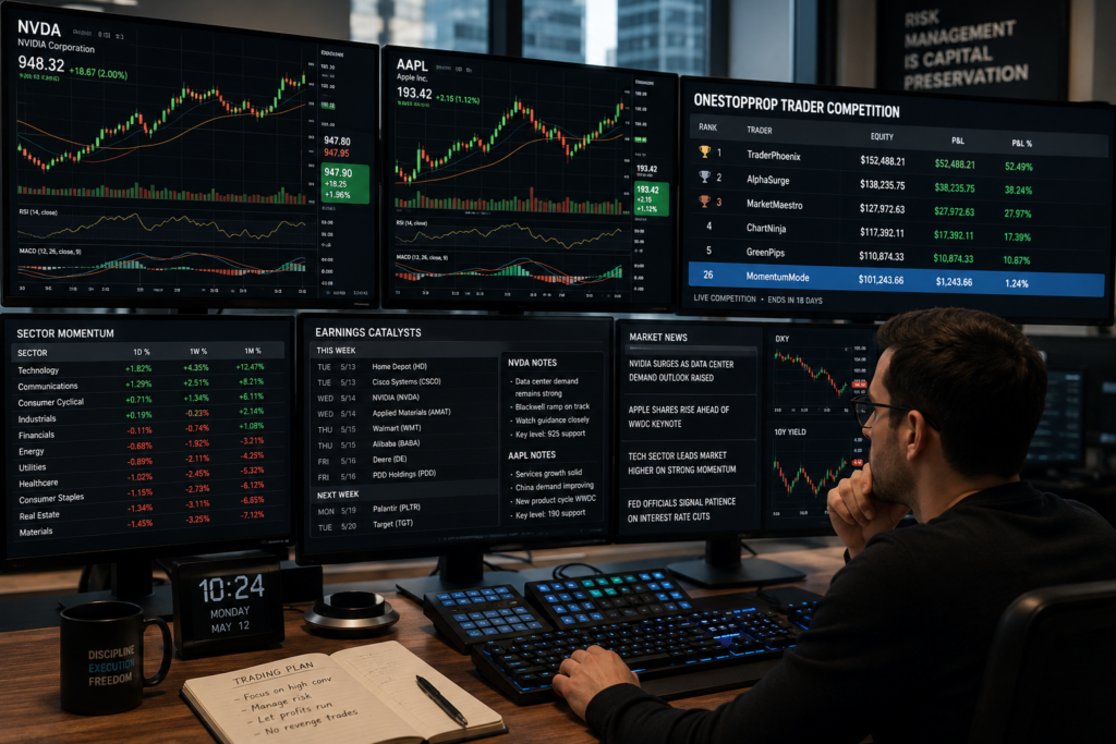 stock trader analyzing NVDA and AAPL while climbing a prop firm competition leaderboard