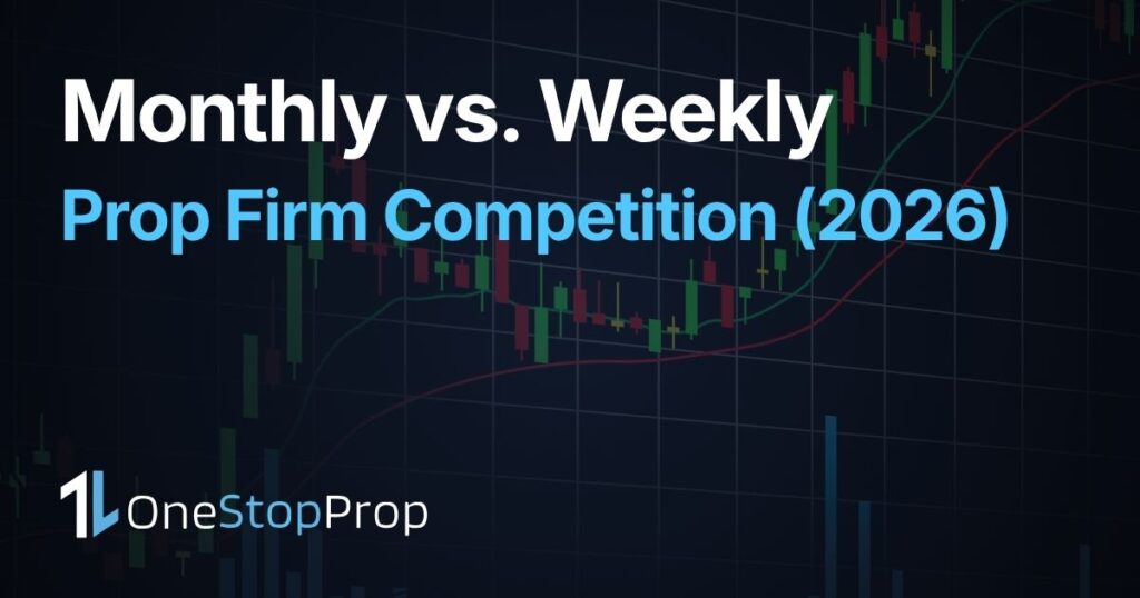 trading chart with headline monthly vs weekly prop firm competition in 2026 with one stop prop branding