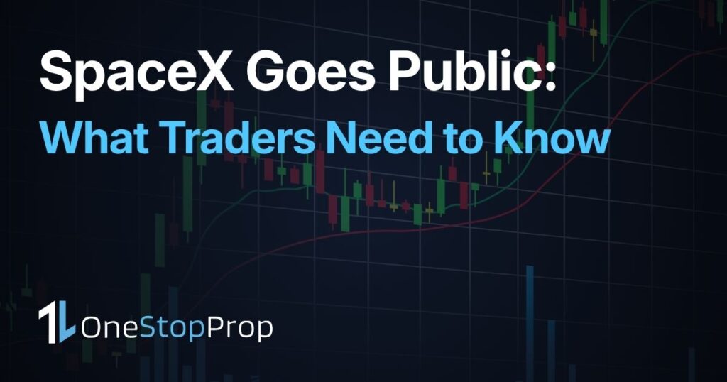 trader analyzing SPCX SpaceX stock chart on a prop firm trading platform after the 2026 IPO
