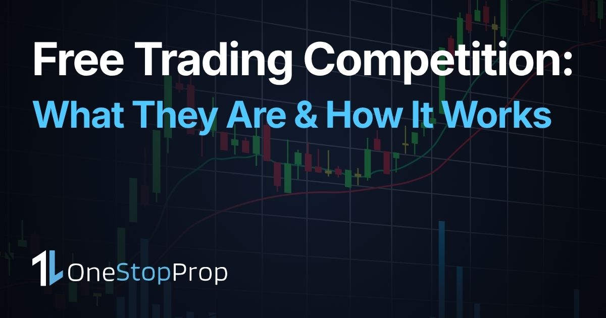 free prop firm challenges what they are and what you give up - OneStopProp blog cover with candlestick chart background