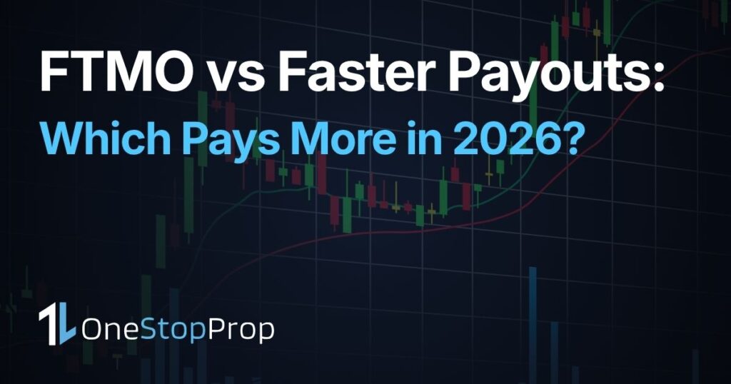 FTMO vs faster payouts comparison - OneStopProp blog cover with candlestick chart background