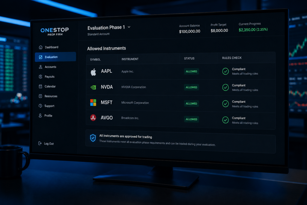 Stock market trading platform showing available stock instruments including AAPL, NVDA, and MSFT for prop firm evaluation