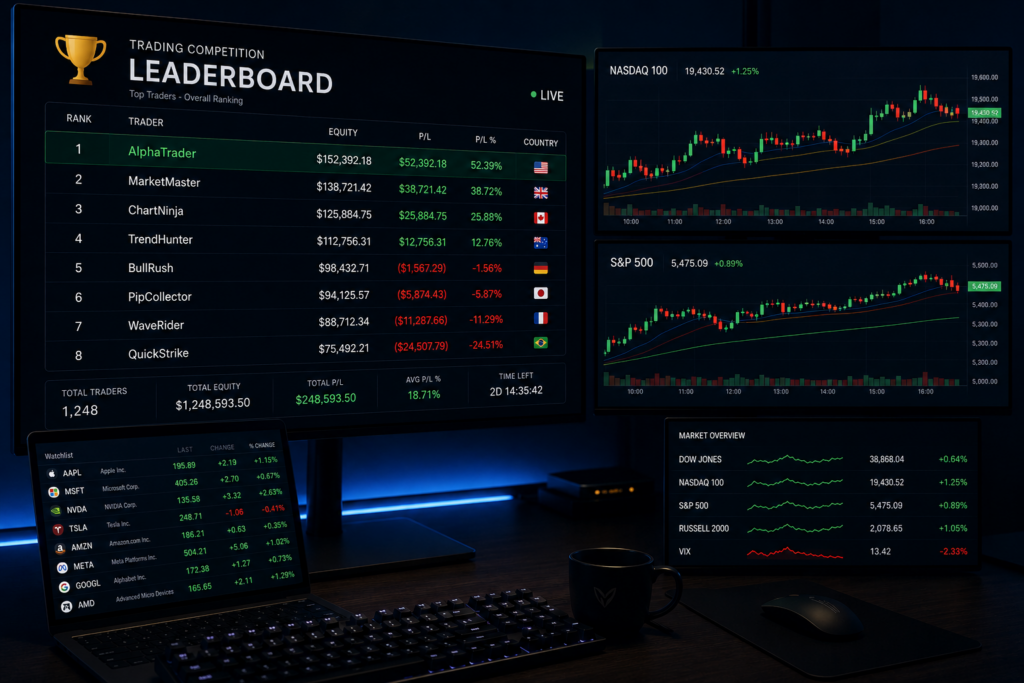 free prop firm challenges trading competition leaderboard - OneStopProp blog cover with candlestick chart background