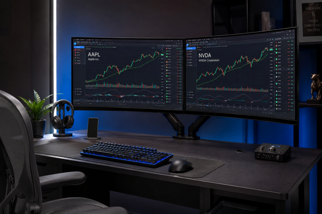 Professional prop trading workstation with AAPL and NVDA candlestick charts on dual monitors in a dark modern office