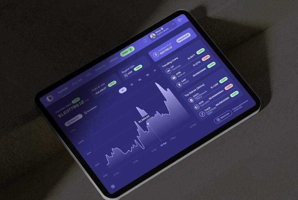 A cell phone displaying a stock chart on the screen
