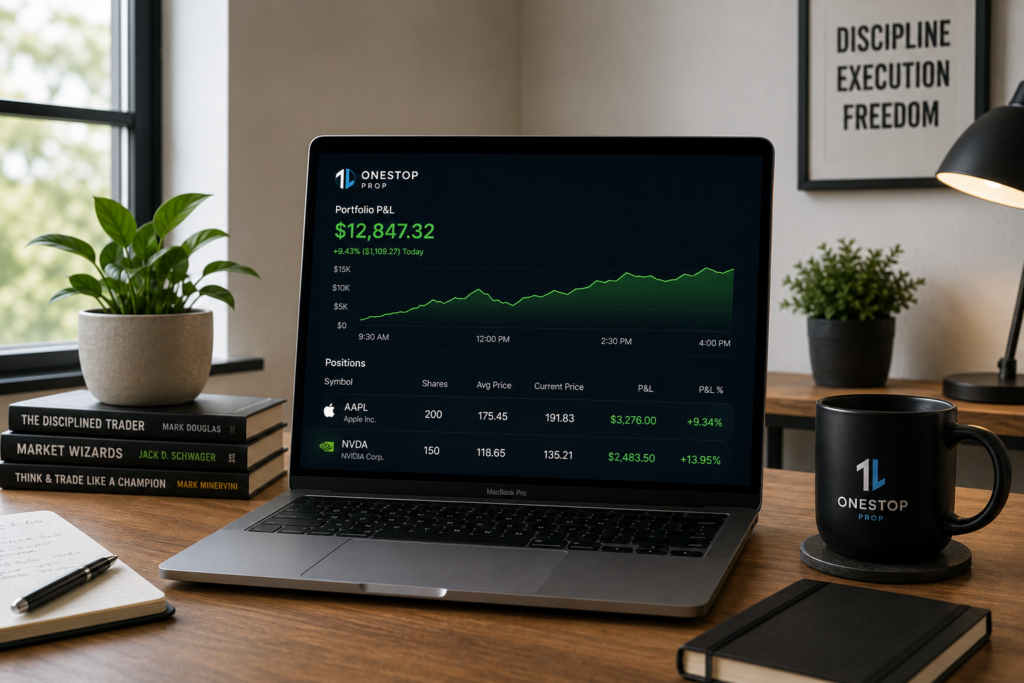 Modern trading desk with laptop showing green stock portfolio profits from AAPL and NVDA positions in a funded account