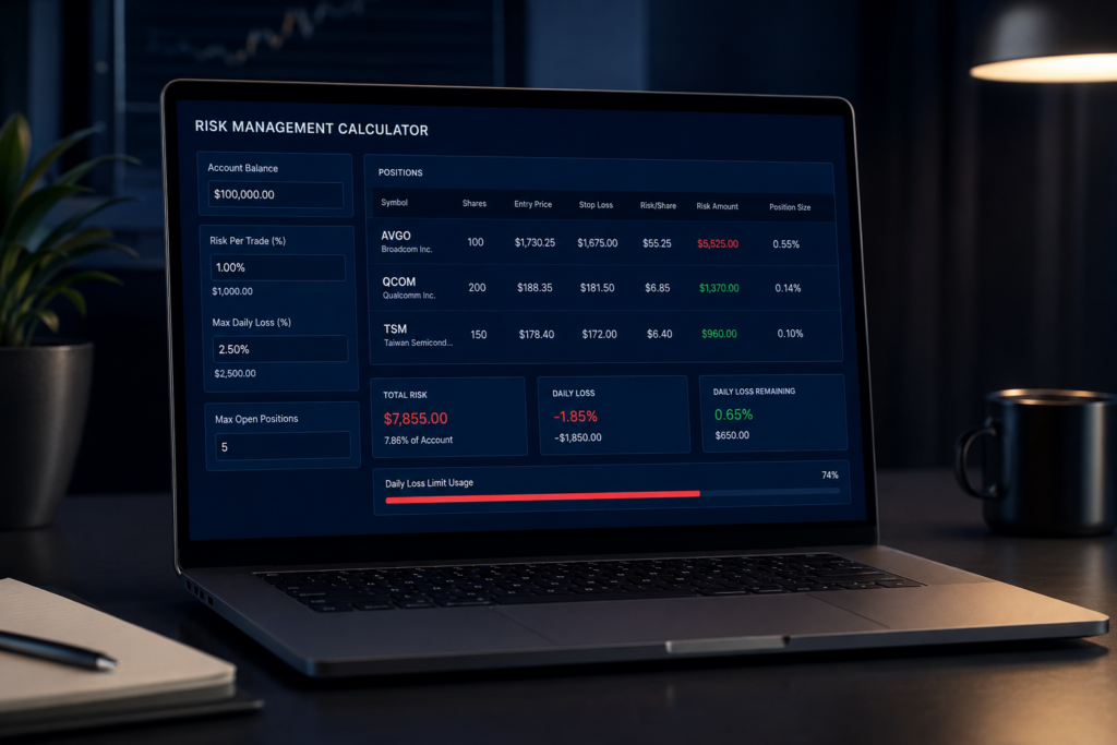 How to Trade Semiconductor Stocks in a Prop Firm (AVGO, QCOM, TSM) 4 prop firm challenge position sizing for semiconductor stocks AVGO QCOM TSM - trading laptop with risk calculator