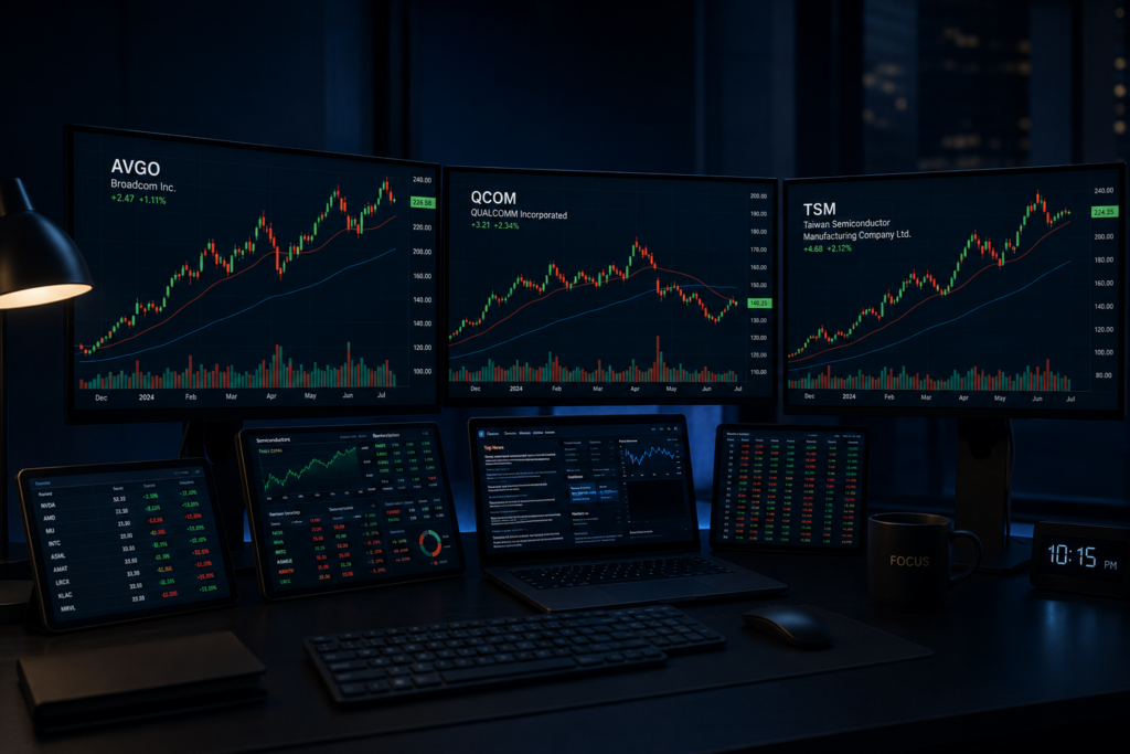 How to Trade Semiconductor Stocks in a Prop Firm (AVGO, QCOM, TSM) 2 how to trade semiconductor stocks in a prop firm AVGO QCOM TSM - trading monitors with semiconductor stock charts