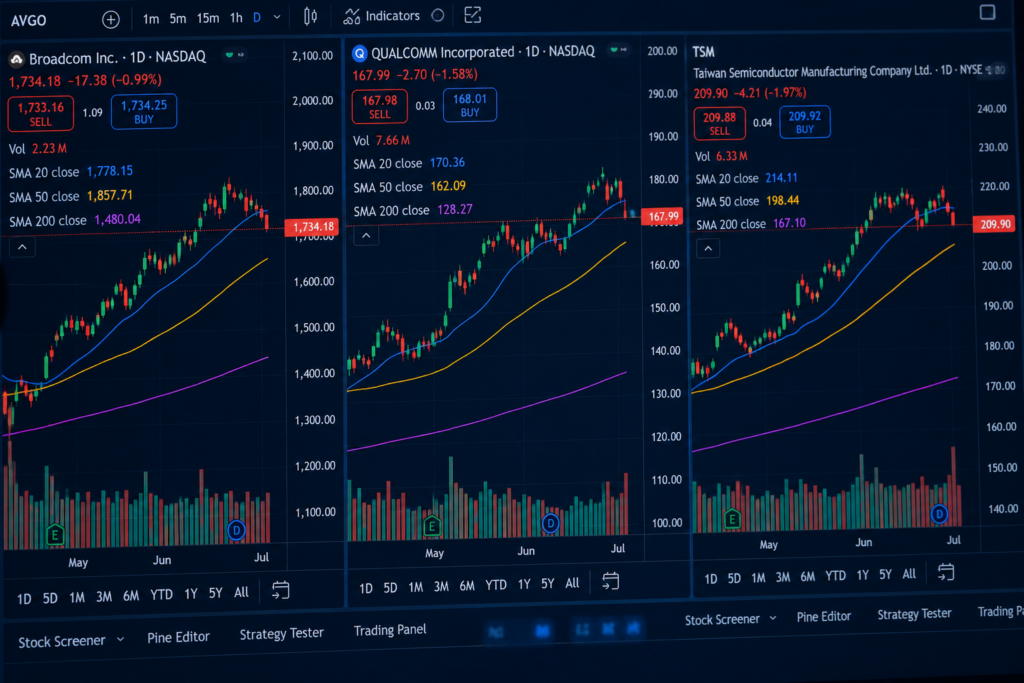 How to Trade Semiconductor Stocks in a Prop Firm (AVGO, QCOM, TSM) 3 AVGO QCOM TSM semiconductor stocks trading chart comparison in a prop firm challenge
