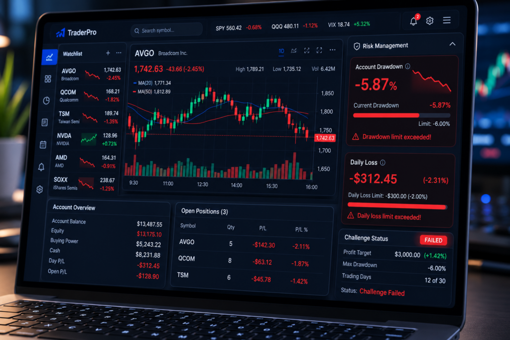 prop firm challenge failed - trading platform showing drawdown limits and daily loss settings - OneStopProp blog cover with candlestick chart background