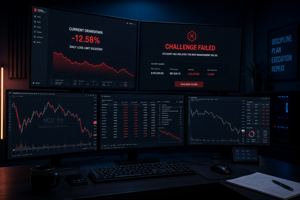 what happens if you fail a prop firm challenge - trading workstation with red drawdown chart - OneStopProp blog cover with candlestick chart background