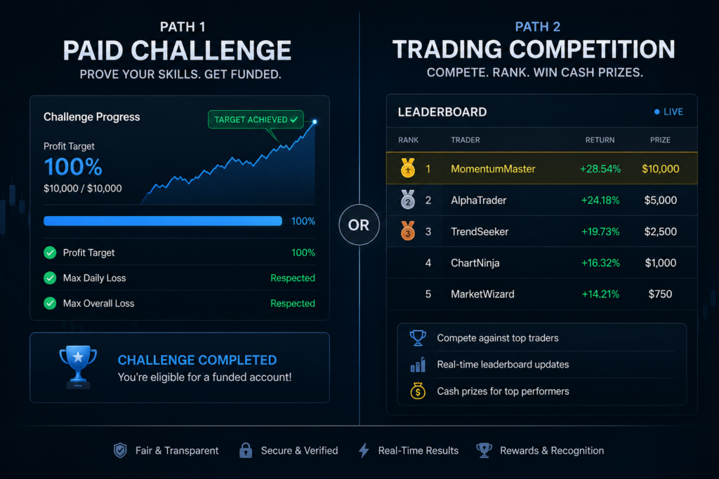 free prop firm competition path versus paid challenge path comparison - OneStopProp blog cover with candlestick chart background