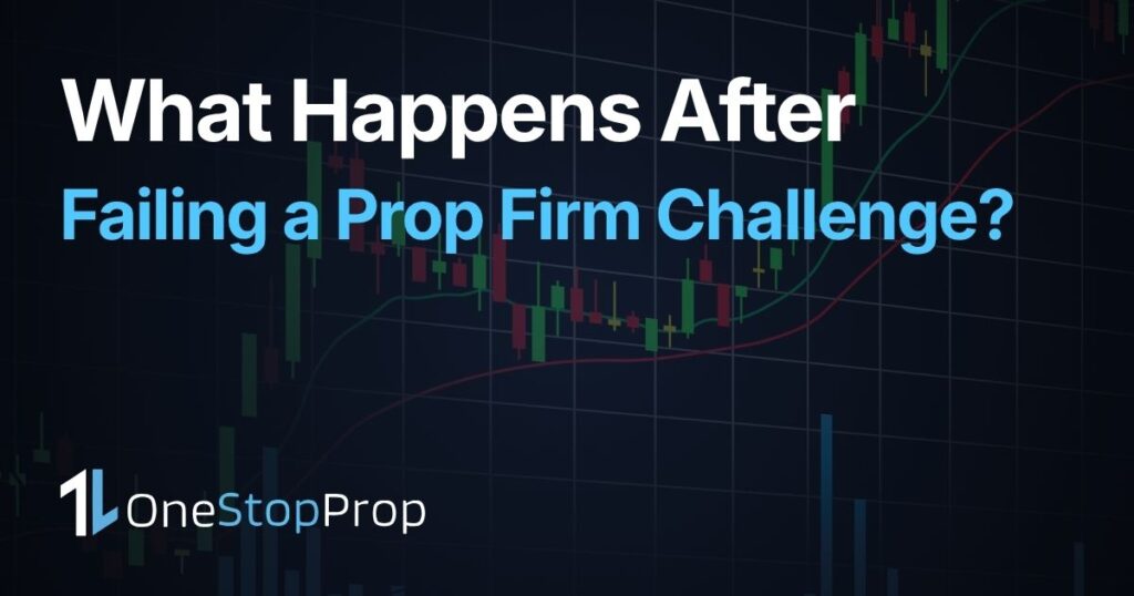 what happens if you fail a prop firm challenge, OneStopProp blog cover with candlestick chart background