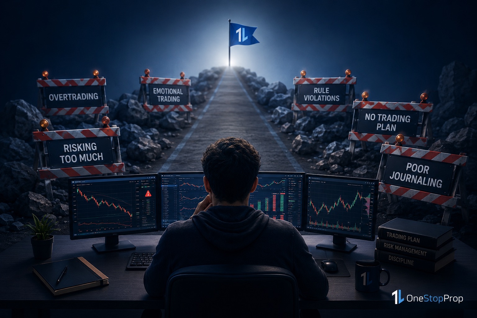 Trader at a workstation facing obstacles representing common prop firm mistakes to avoid, including overtrading, excessive risk, emotional trading, rule violations, and poor journaling.