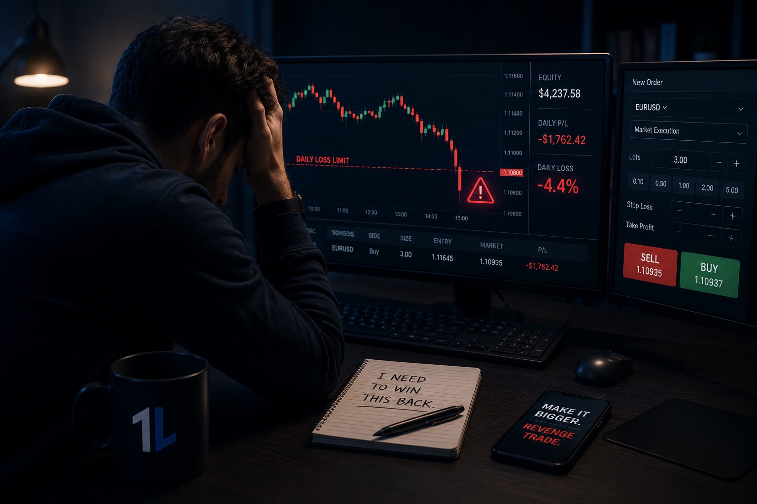 Stressed trader watching a losing position approach the daily loss limit, illustrating revenge trading as one of the common prop firm mistakes to avoid.