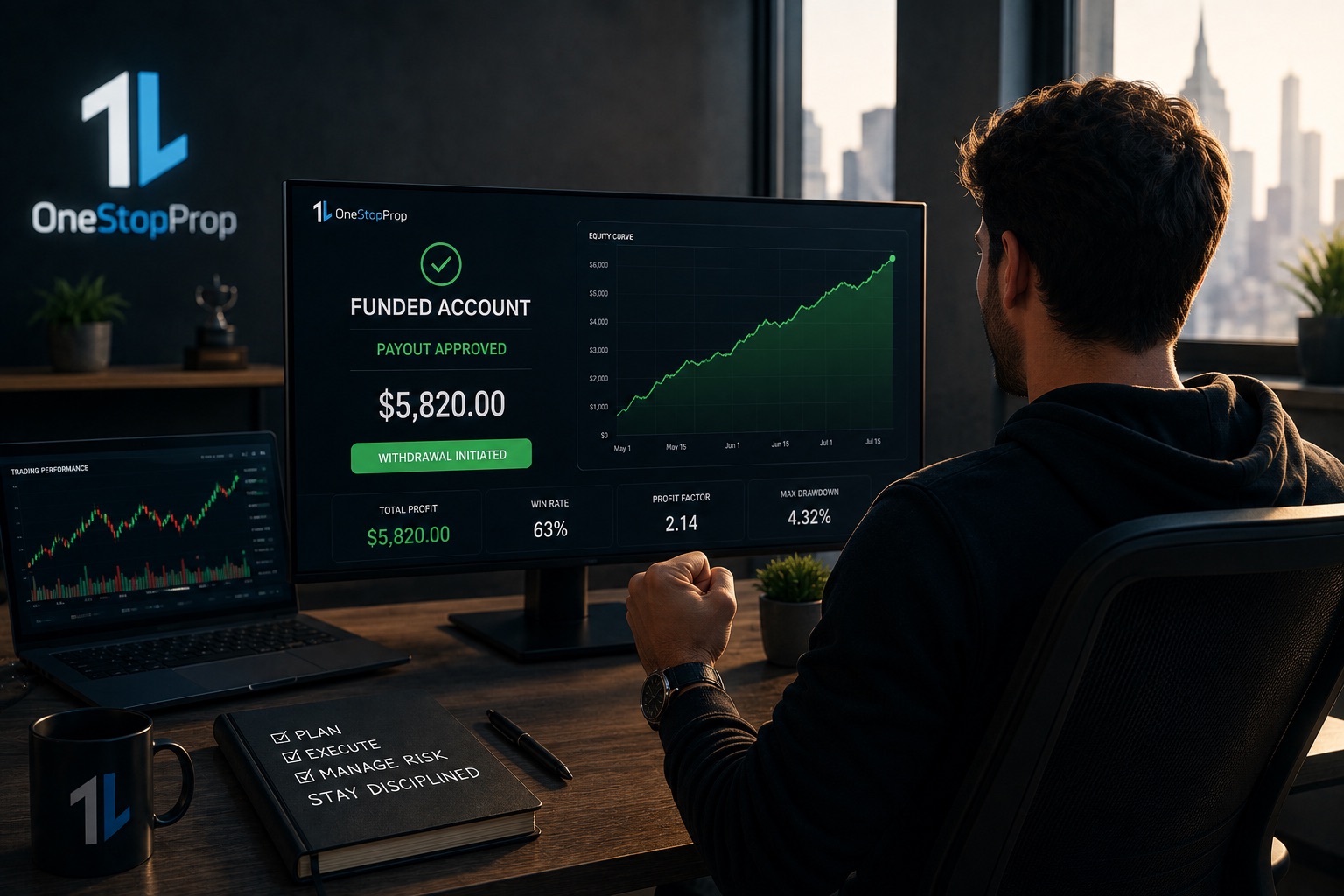 Funded trader celebrating an approved payout while monitoring a rising equity curve, illustrating disciplined trading and avoiding common prop firm mistakes to avoid.