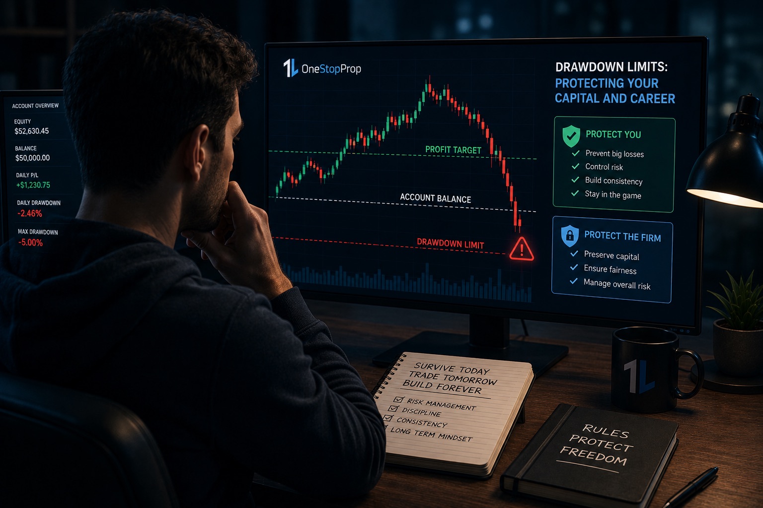 Trader analyzing a prop firm account with drawdown limits, risk controls, and a falling equity curve, illustrating how prop firm drawdown limits protect traders and their capital