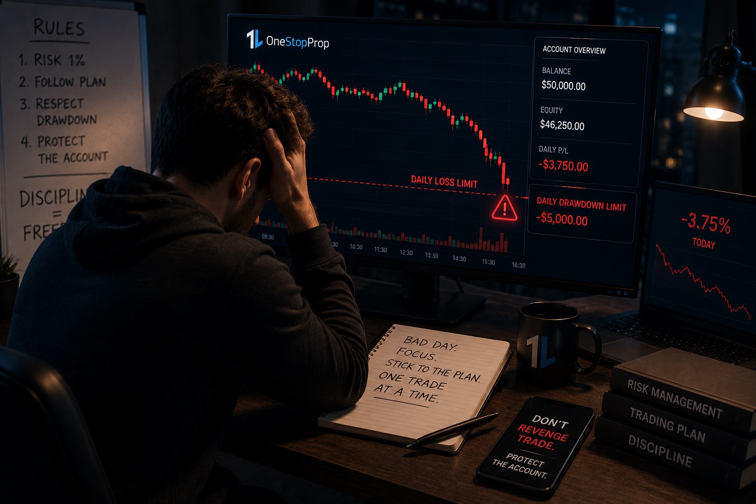 Trader reacting to a significant trading loss as his account approaches the daily drawdown limit, illustrating how prop firm drawdown limits protect traders from emotional and revenge trading