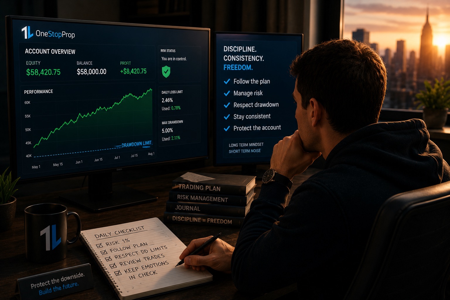 Disciplined funded trader reviewing his account performance and daily risk checklist, demonstrating how prop firm drawdown limits protect traders by encouraging consistency, risk management, and long-term trading discipline