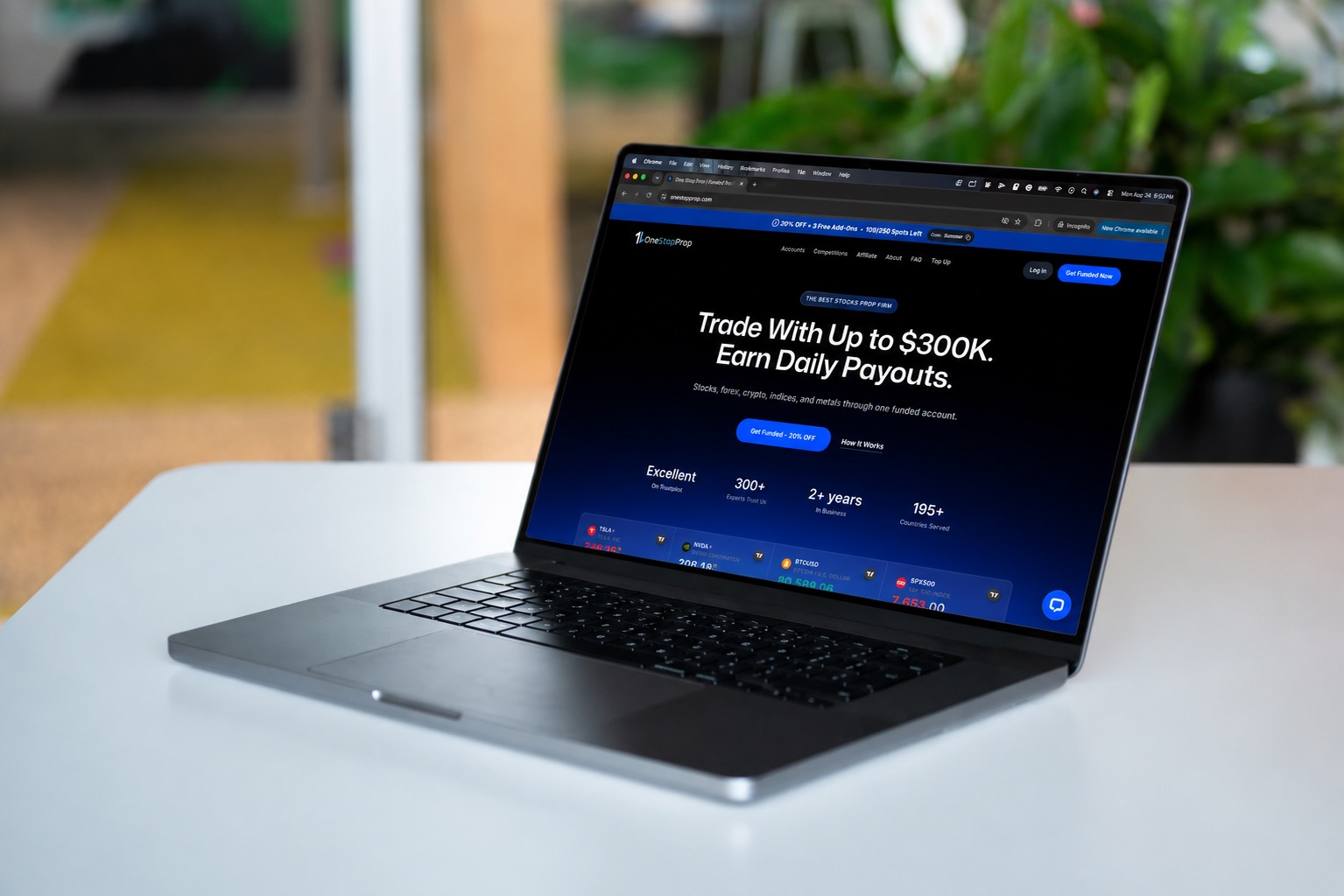 Laptop displaying the OneStopProp trading platform, illustrating one of the best risk management tools traders can use to monitor markets, manage positions, and control trading risk in 2026