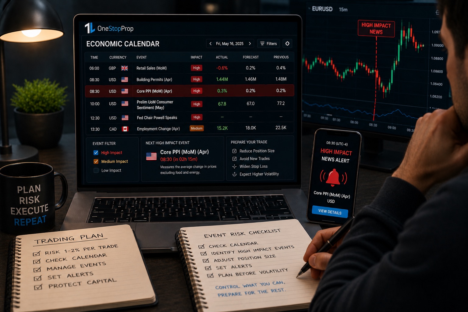 Trader reviewing an economic calendar with high-impact events, market alerts, and an event risk checklist, highlighting one of the best risk management tools traders can use to manage event-driven trading risk