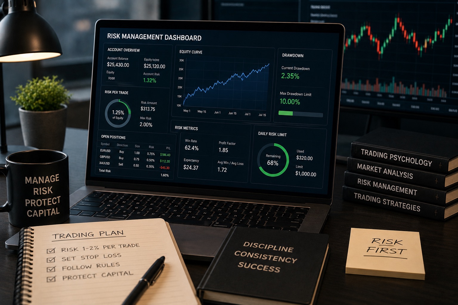 Trading workstation with a risk management dashboard showing account exposure, drawdown, position risk, and daily risk limits, representing one of the best risk management tools traders can use to protect capital