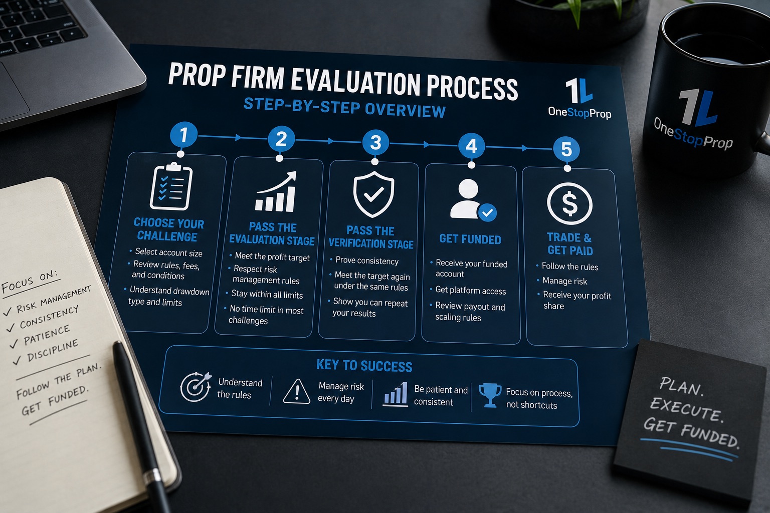 Prop firm evaluation process step by step, showing a trader progressing from choosing a challenge through evaluation, verification, funding, and receiving payouts, with a trading dashboard and OneStopProp branding