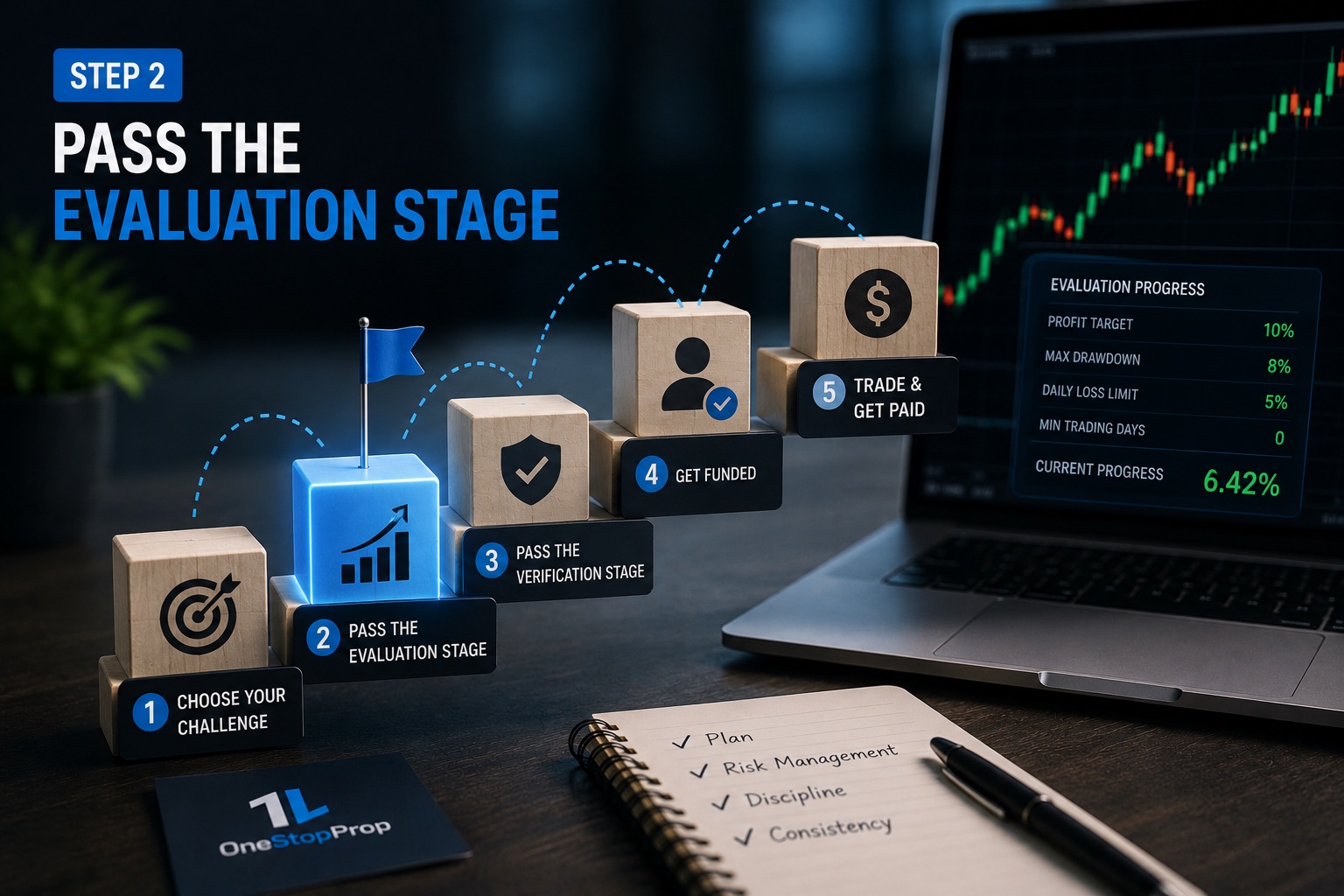 Prop firm evaluation process step by step illustrated through a trader progressing from selecting a challenge to reaching the profit target, passing verification, getting funded, and trading for payouts
