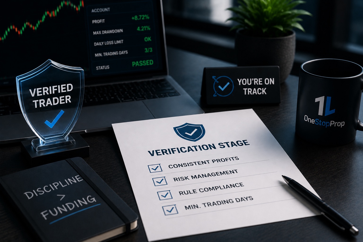 Prop firm evaluation process step by step during the verification stage, featuring a verified trader badge, passed account metrics, and a checklist covering consistent profits, risk management, rule compliance, and minimum trading days