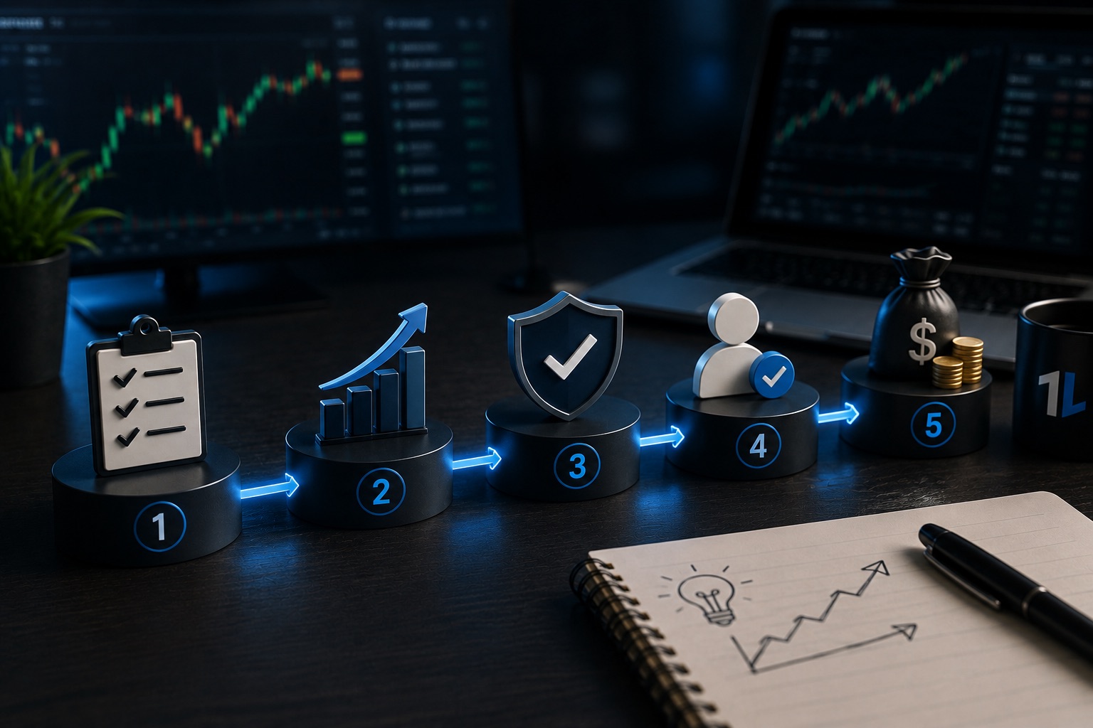 Trader reviewing a prop firm challenge and trading account dashboard, illustrating how prop firms work through evaluation, risk management, and funded trading stages