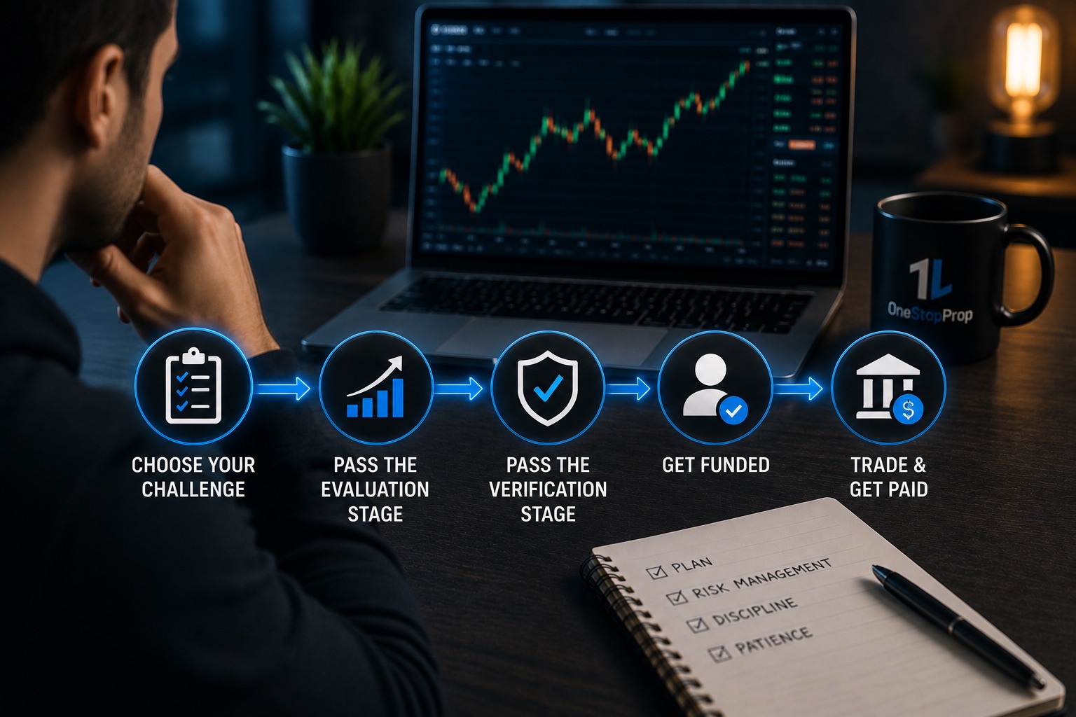 Trading desk showing the progression from selecting a challenge to passing evaluation, verification, getting funded, and receiving payouts, visually explaining how prop firms work