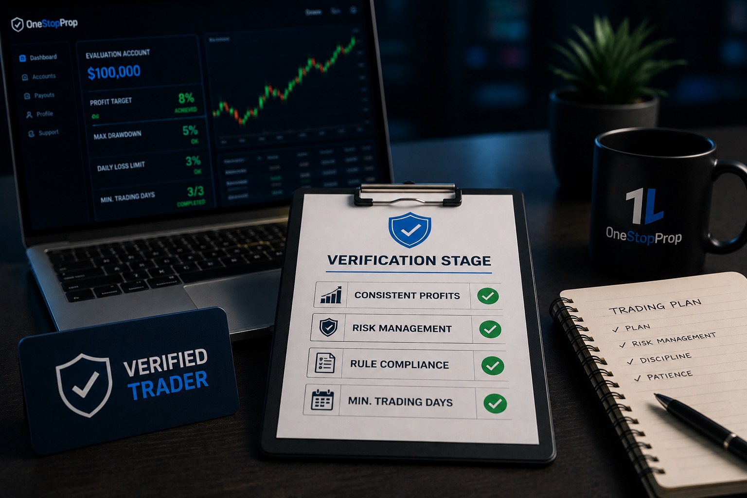 Prop firm verification setup with a trading dashboard, verified trader badge, and compliance checklist, illustrating how prop firms work during the verification and funding process
