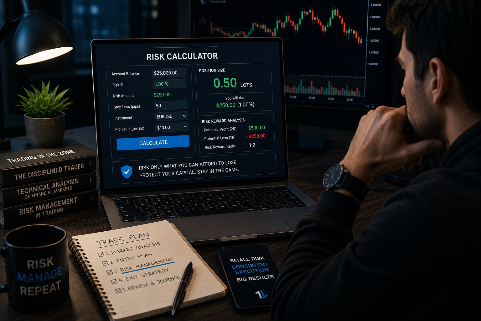 A trader using a risk calculator to manage position size and protect capital, considering is prop trading right for me while developing a disciplined trading plan and effective risk management strategy