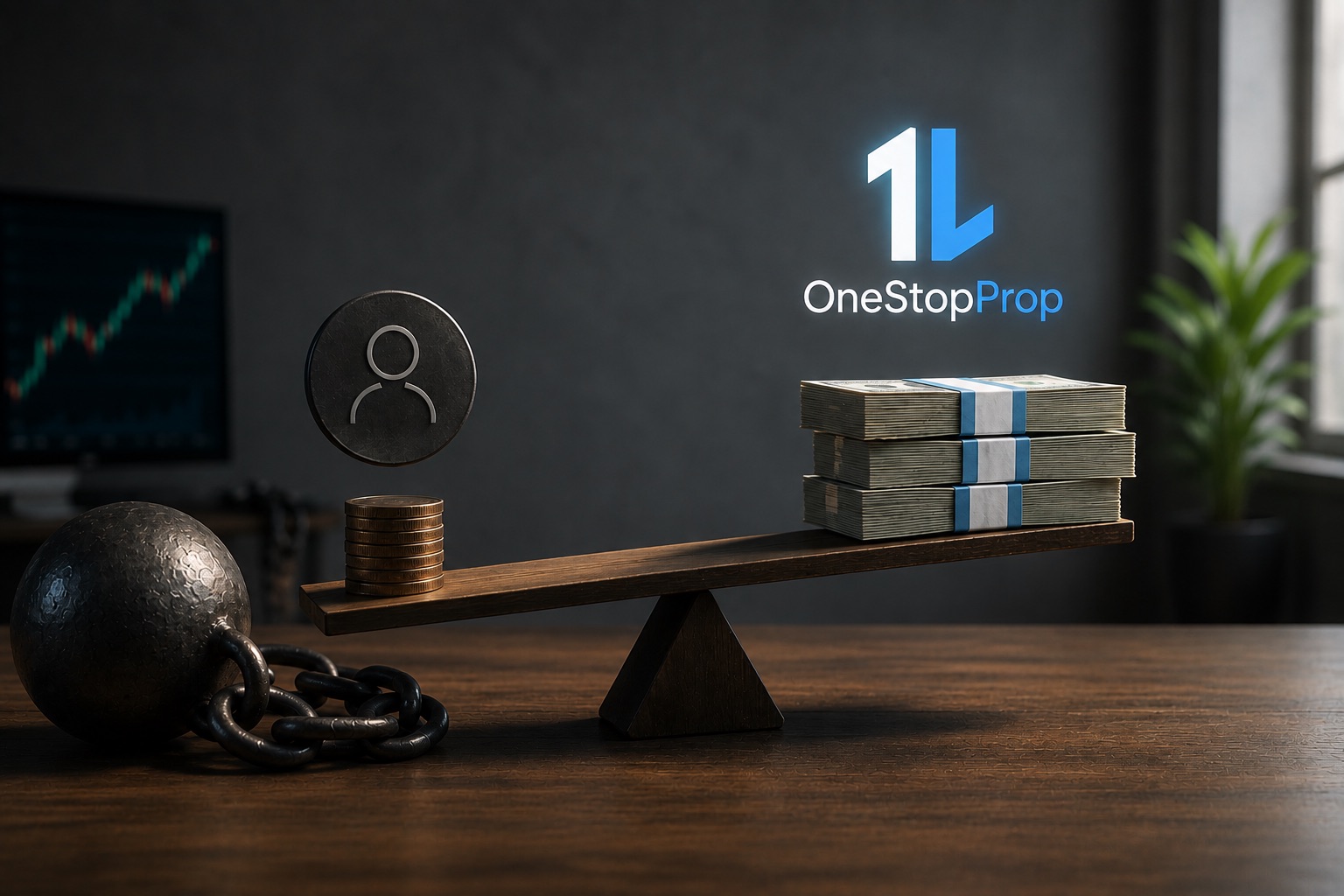A wooden balance scale tips toward stacks of cash on the right side labeled with the OneStopProp logo, while a small pile of coins, a person icon, and a heavy ball-and-chain sit on the lighter left side against a trading-chart background, visually asking is prop trading right for me