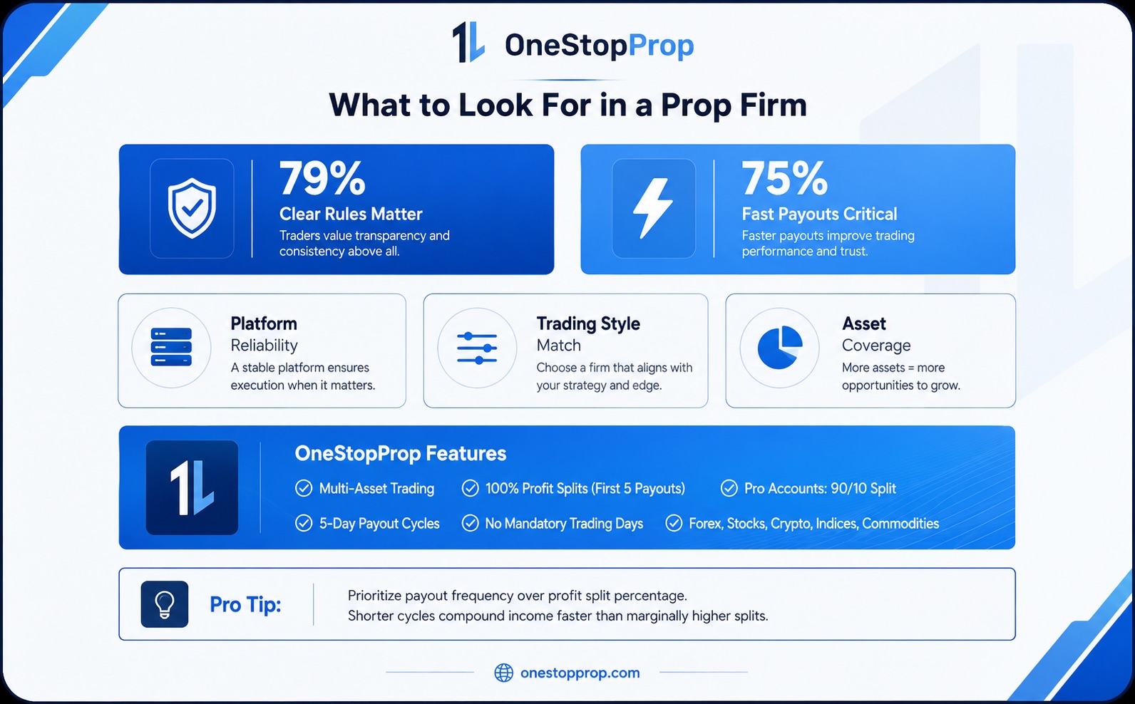 OneStopProp infographic showing what to look for in a prop firm, including clear trading rules, fast payouts, platform reliability, trading style compatibility, asset coverage, and key features to help traders decide on the question: is prop trading right for me