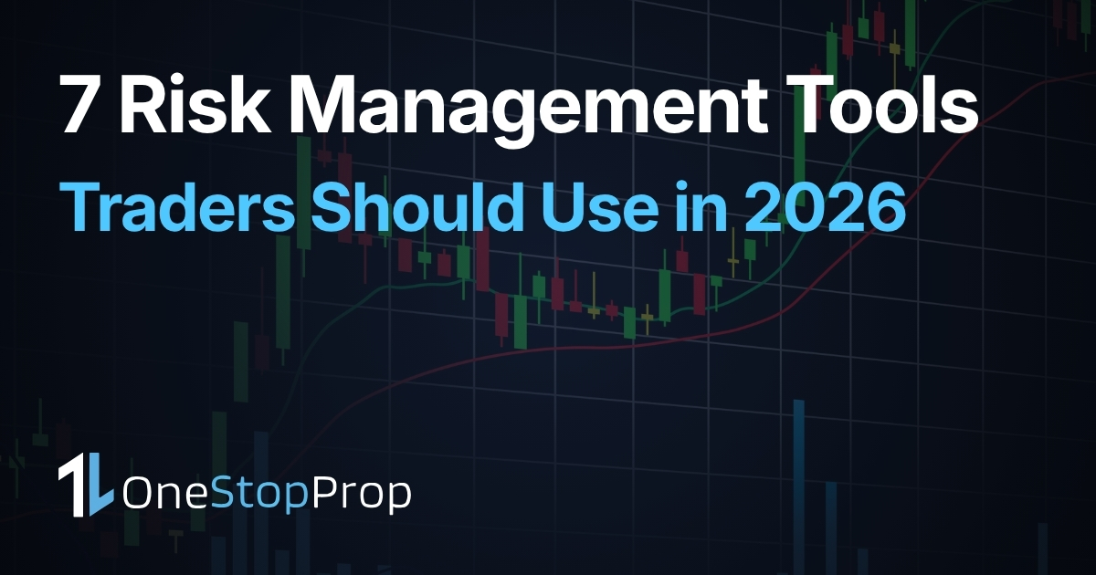 best risk management tools traders article cover with trading candlesticks graph background and onestopprop branding