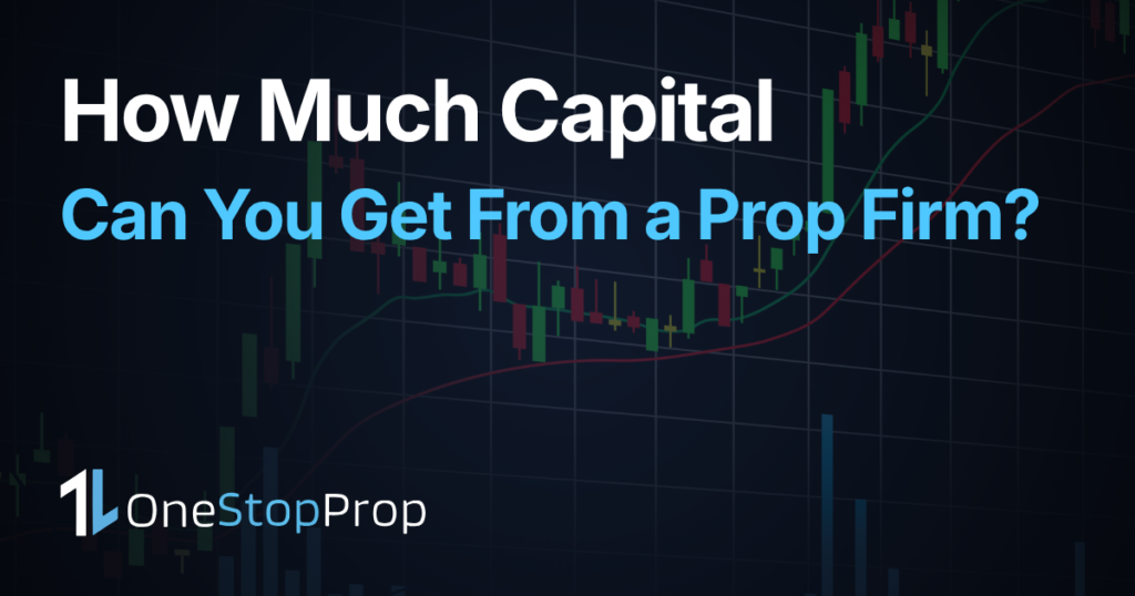 How Much Capital Can You Get From a Prop Firm blog cover with candlesticks graph background and onestopprop branding