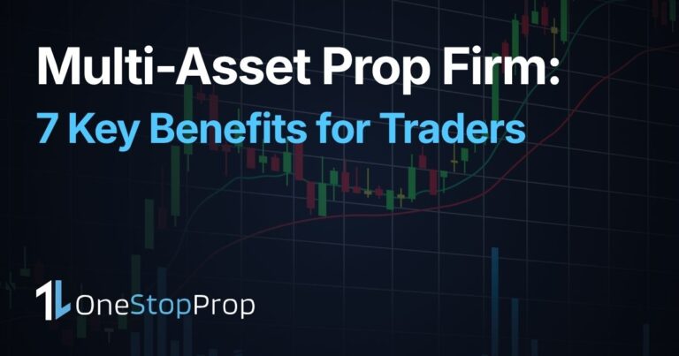 multi-asset prop firm trading, OneStopProp blog cover with candlestick chart background